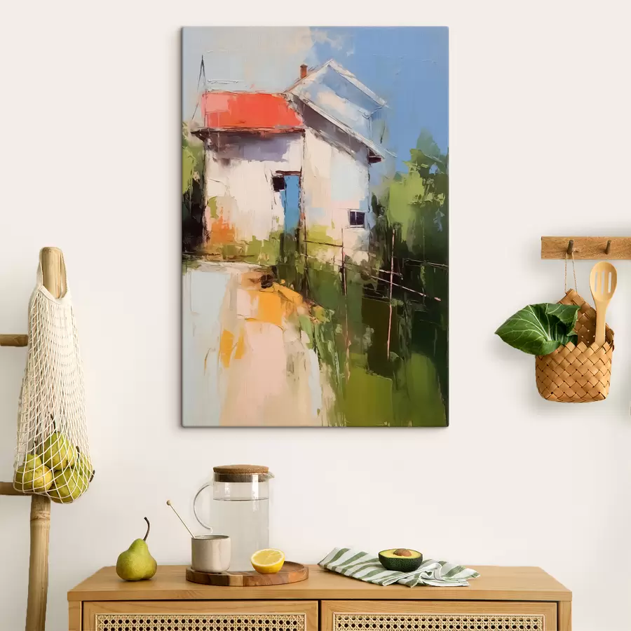 Wandbilder Abstrakte Landschaft Haus durch den Garten, rot, blau, grün, gelb Farbe s40689