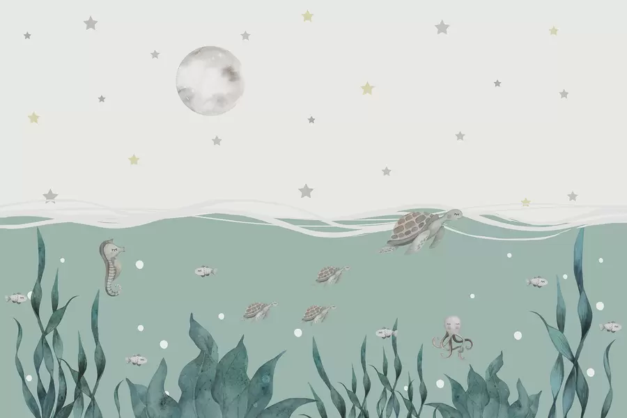 Fototapete Meeresmotiv mit Schildkröten, Seepferdchen, Fischen und Vollmond w01521