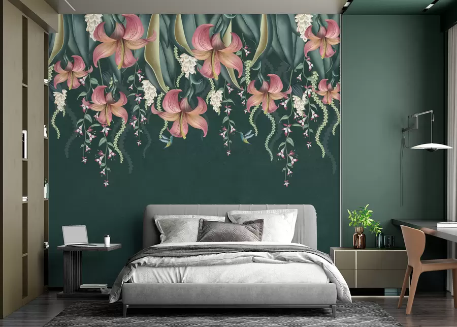 Fototapete Zartes botanisches Motiv mit hängenden Lilien, Blumen und Kolibris auf einer grünen Grunge-Wand w01523v3