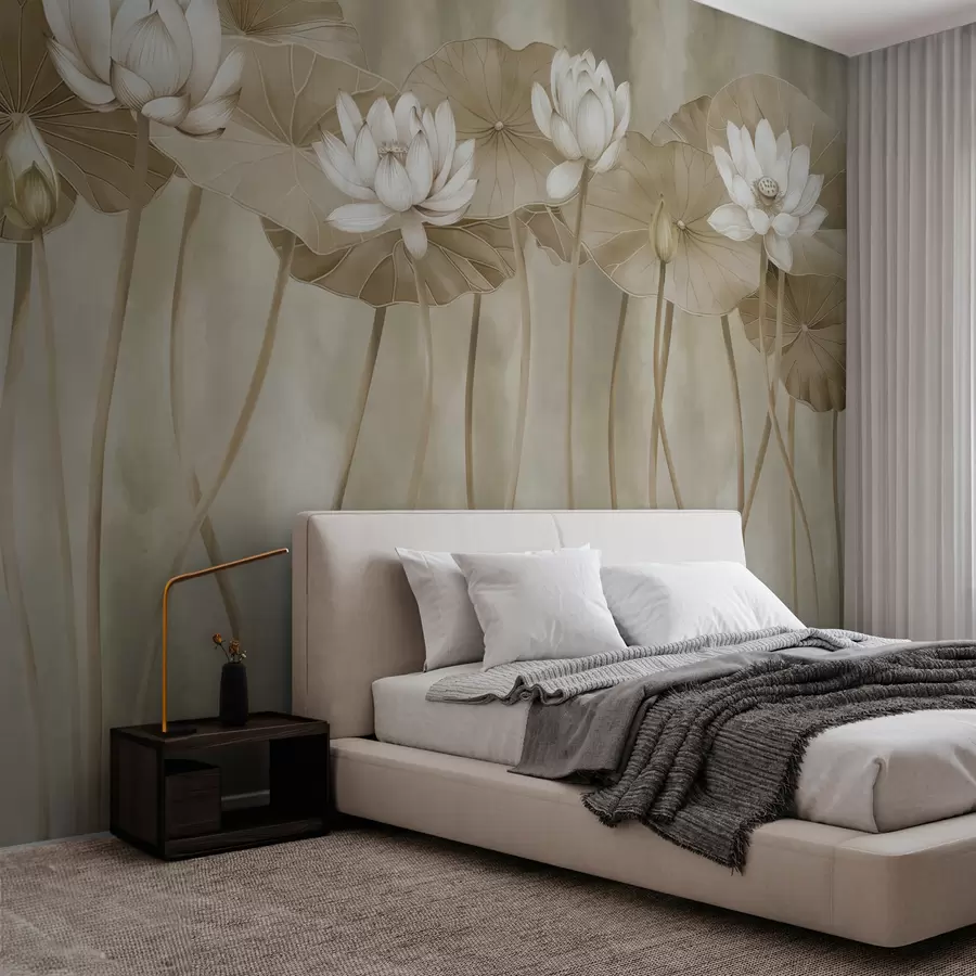 Fototapete Lotusblumen und Blätter auf einer dunklen Biege-Grunge-Wand w01622v2