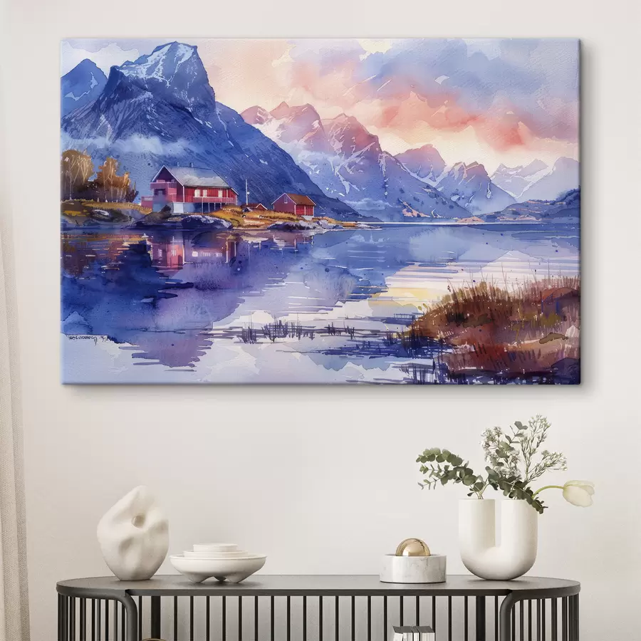 Wandbilder Norwegen Dorf, Sonnenuntergang Himmel, ruhigen Fluss, Berge, Aquarell s40311