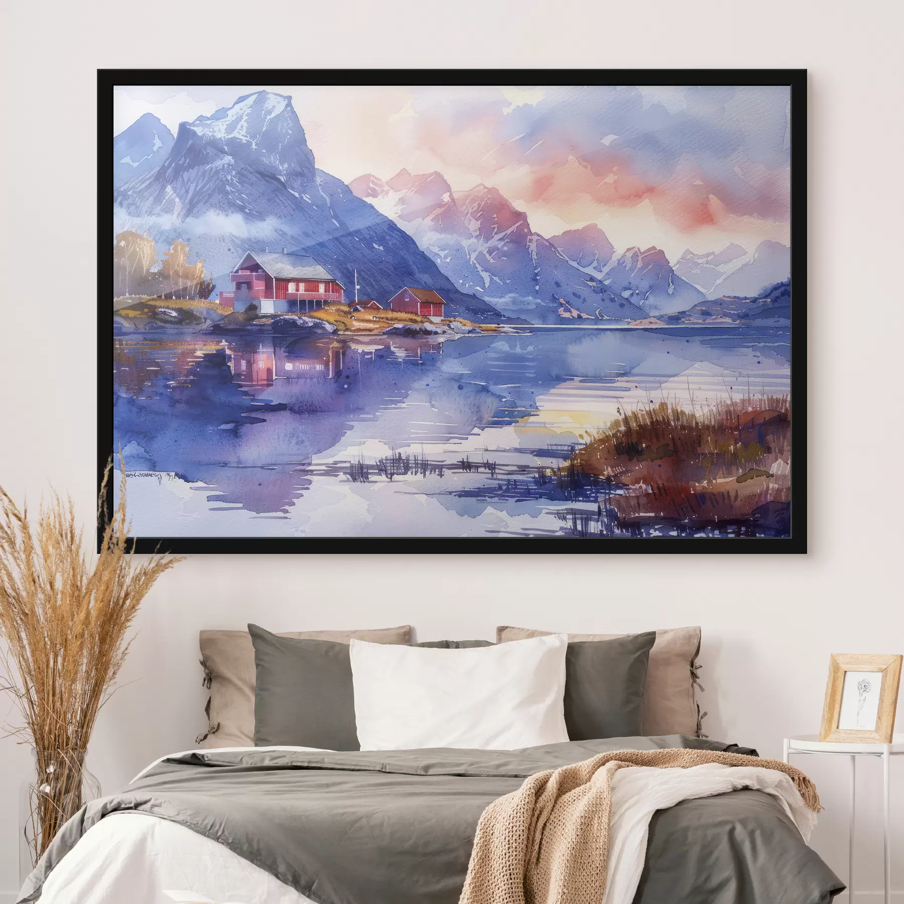 Fototapete Norwegen Dorf, Sonnenuntergang Himmel, ruhigen Fluss, Berge, Aquarell f40311