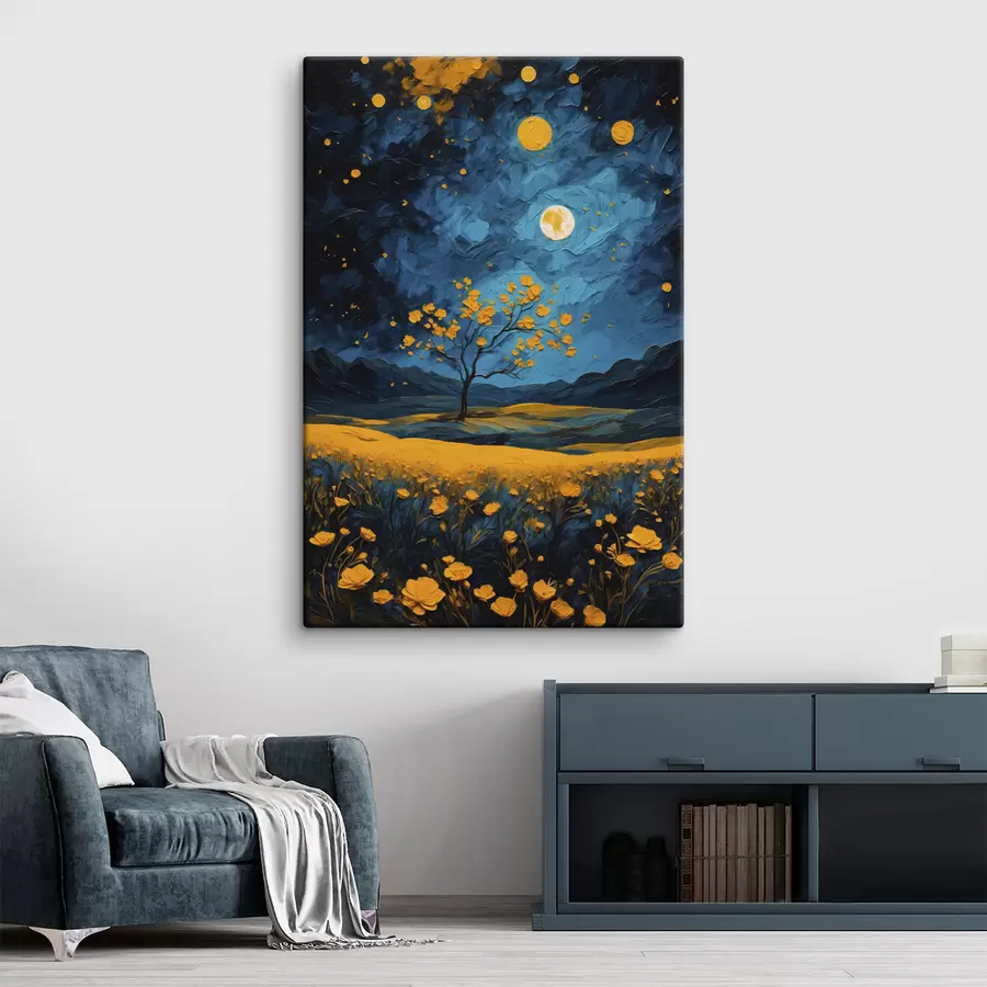 Wandbilder Feld mit gelben Blumen bei Nacht s40643