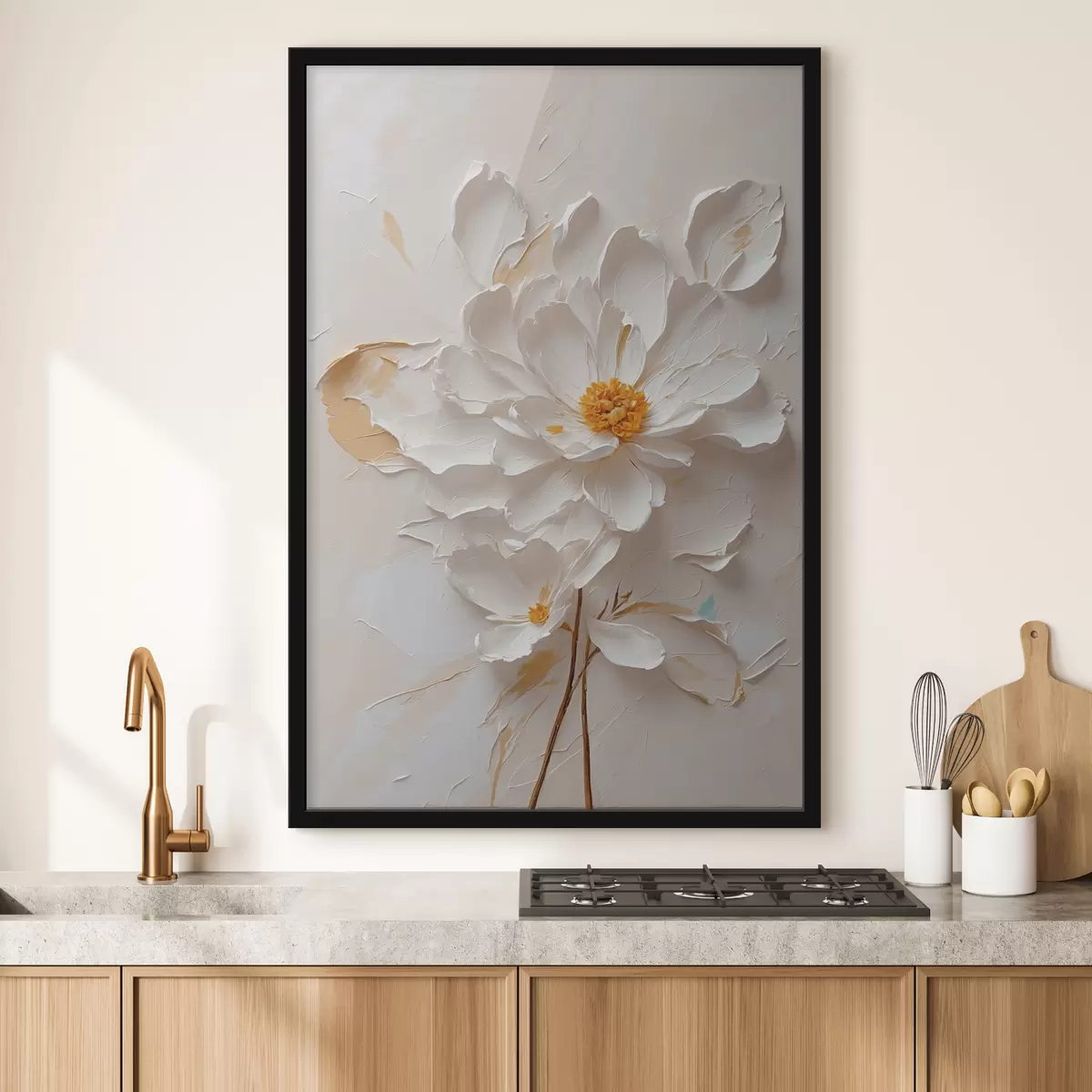 Poster Weiße Blume in Öl mit braunem Stiel f40619