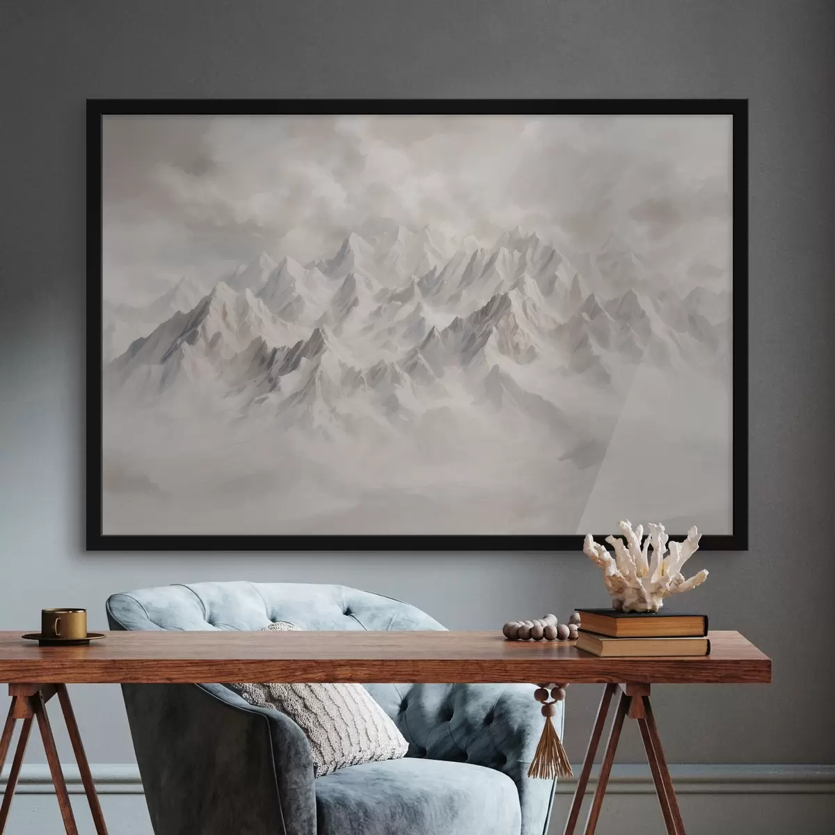 Poster Weiß verschneite Berge im Nebel f40629