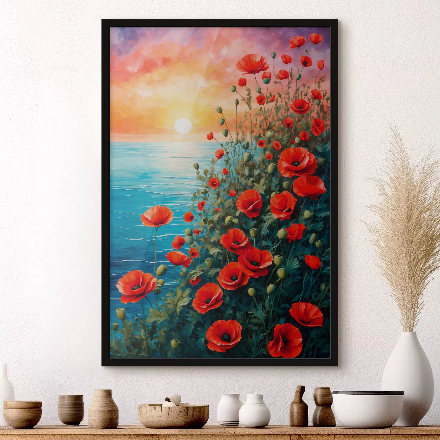 Fototapete Blühende Mohnblumen auf dem Meer Hintergrund f40637