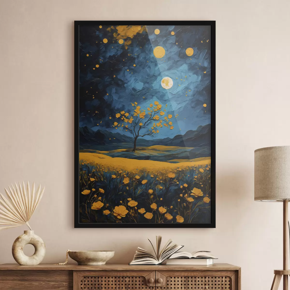 Poster Feld mit gelben Blumen bei Nacht f40643