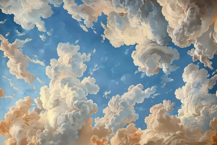 Fototapete Wogende Wolken in warmen Creme-, zarten Pfirsich- und blassen\ vor einem tiefblauen Himmel w01583
