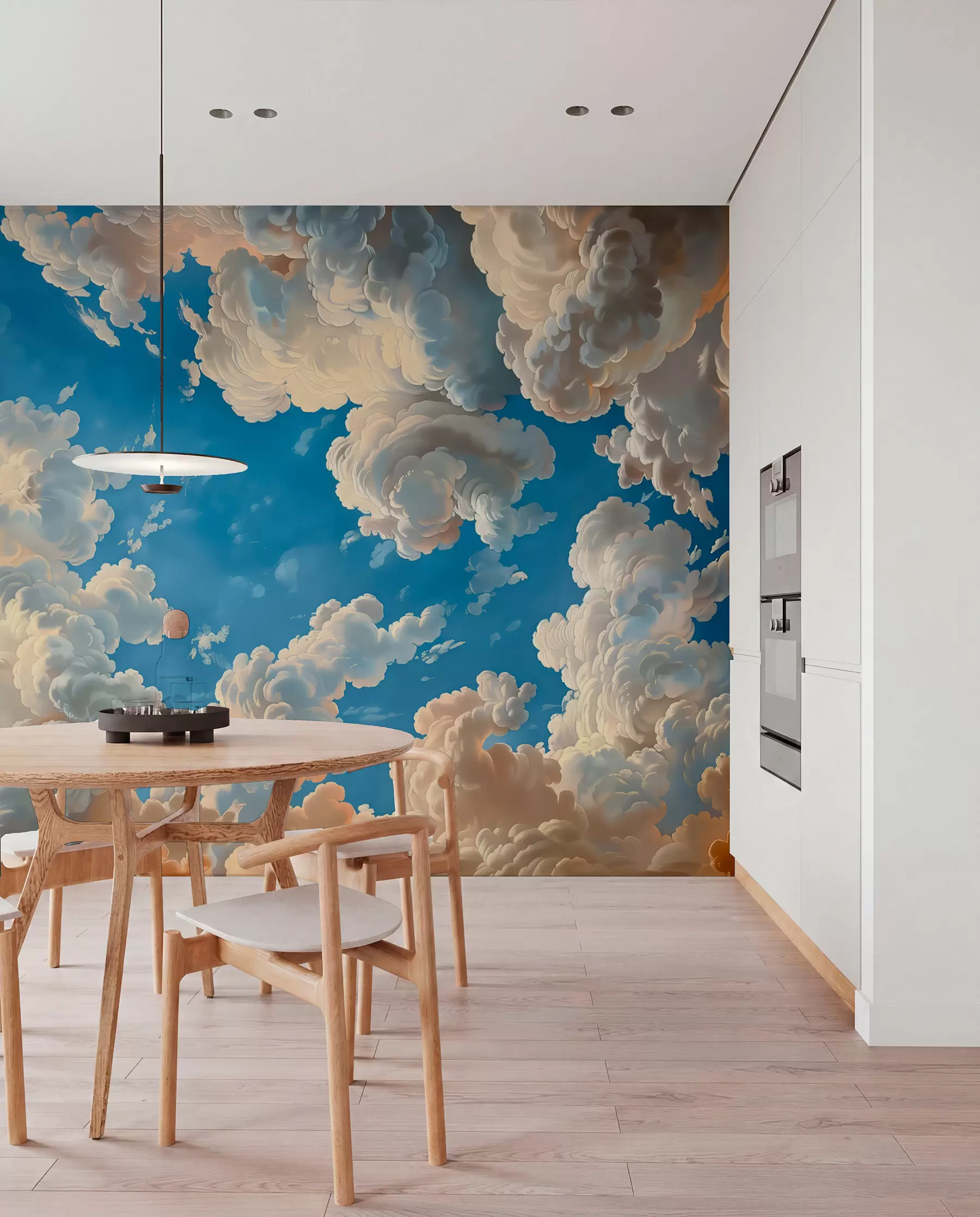 Fototapete Wogende Wolken in warmen Creme-, zarten Pfirsich- und blassen\ vor einem tiefblauen Himmel w01583