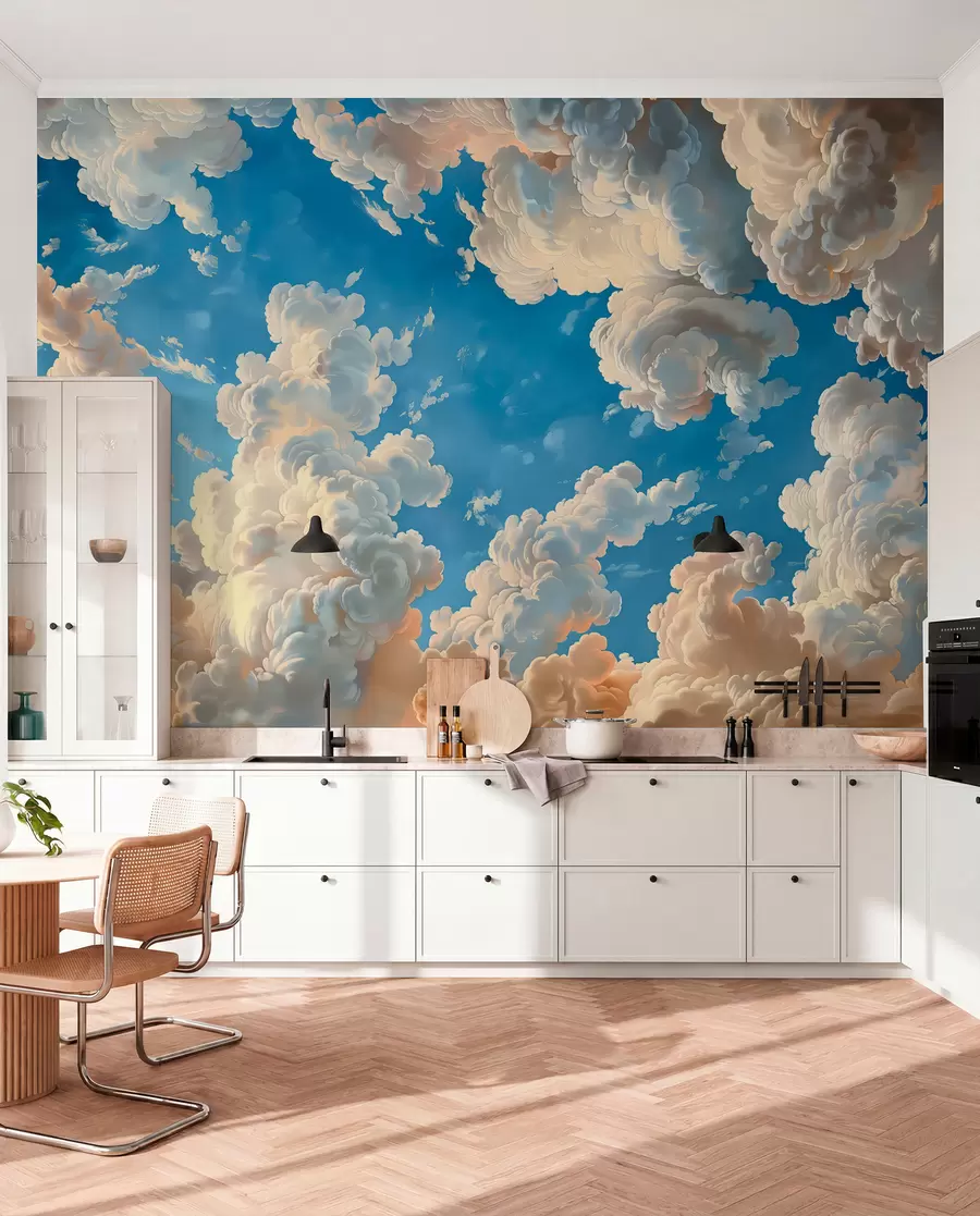 Fototapete Wogende Wolken in warmen Creme-, zarten Pfirsich- und blassen\ vor einem tiefblauen Himmel w01583