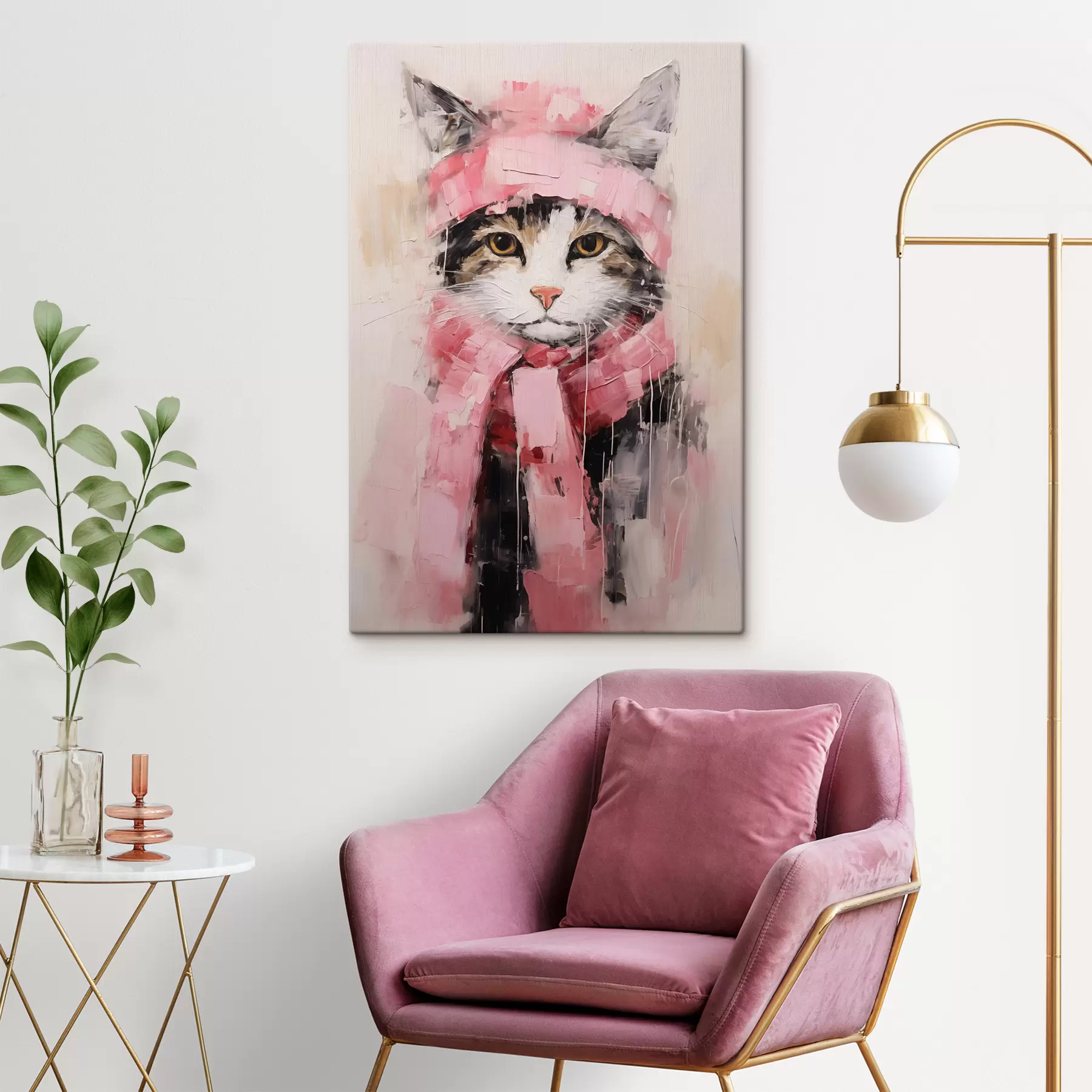 Fototapete Graue schwarze Katze mit rosa Hut und Schal s40801