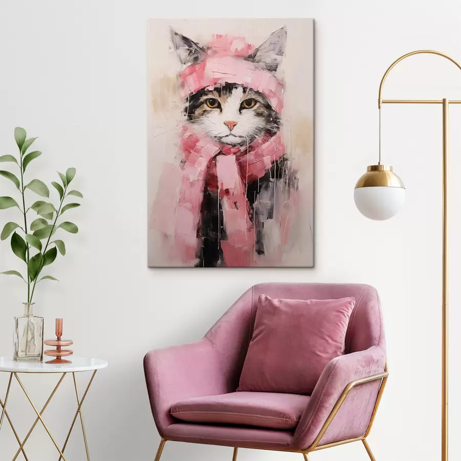 Wandbilder Graue schwarze Katze mit rosa Hut und Schal s40801