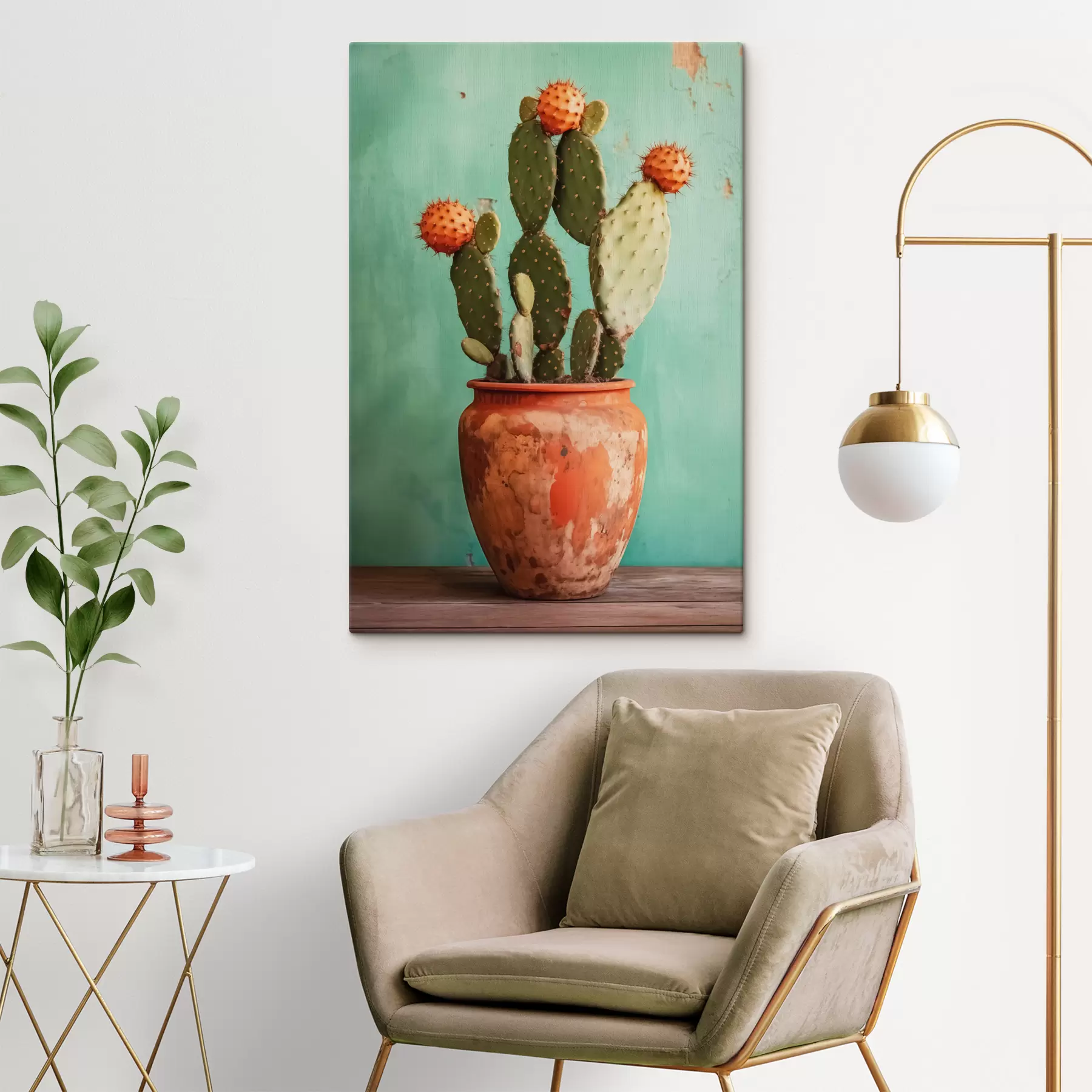 Fototapete Kaktus in einem alten Tontopf vor einer blaugrünen Wand s40807