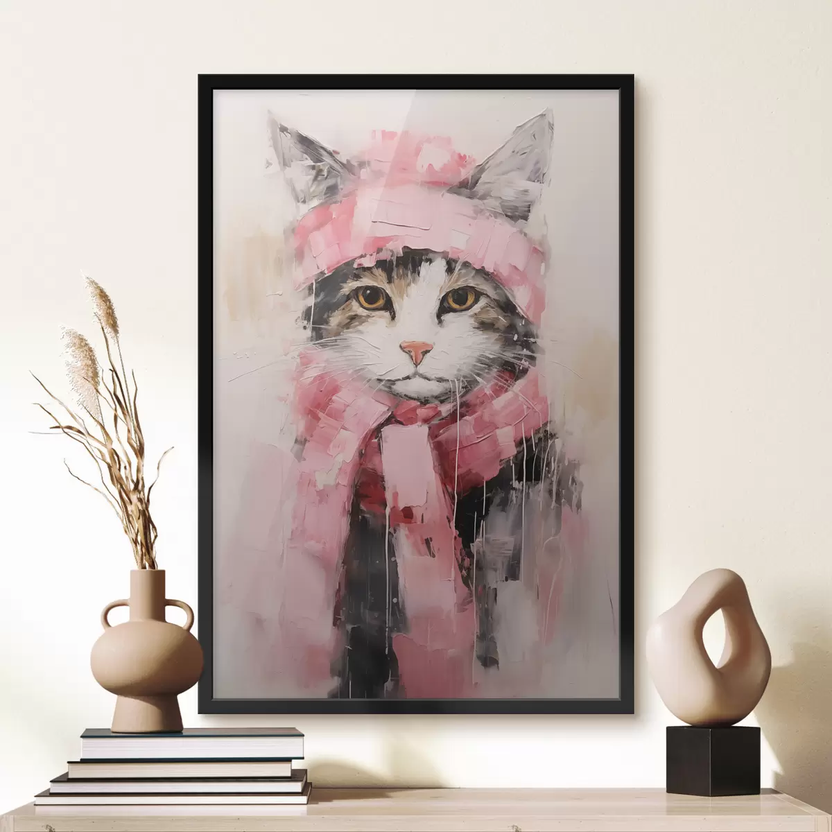 Poster Graue schwarze Katze mit rosa Hut und Schal f40801