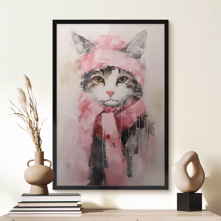 Fototapete Graue schwarze Katze mit rosa Hut und Schal f40801