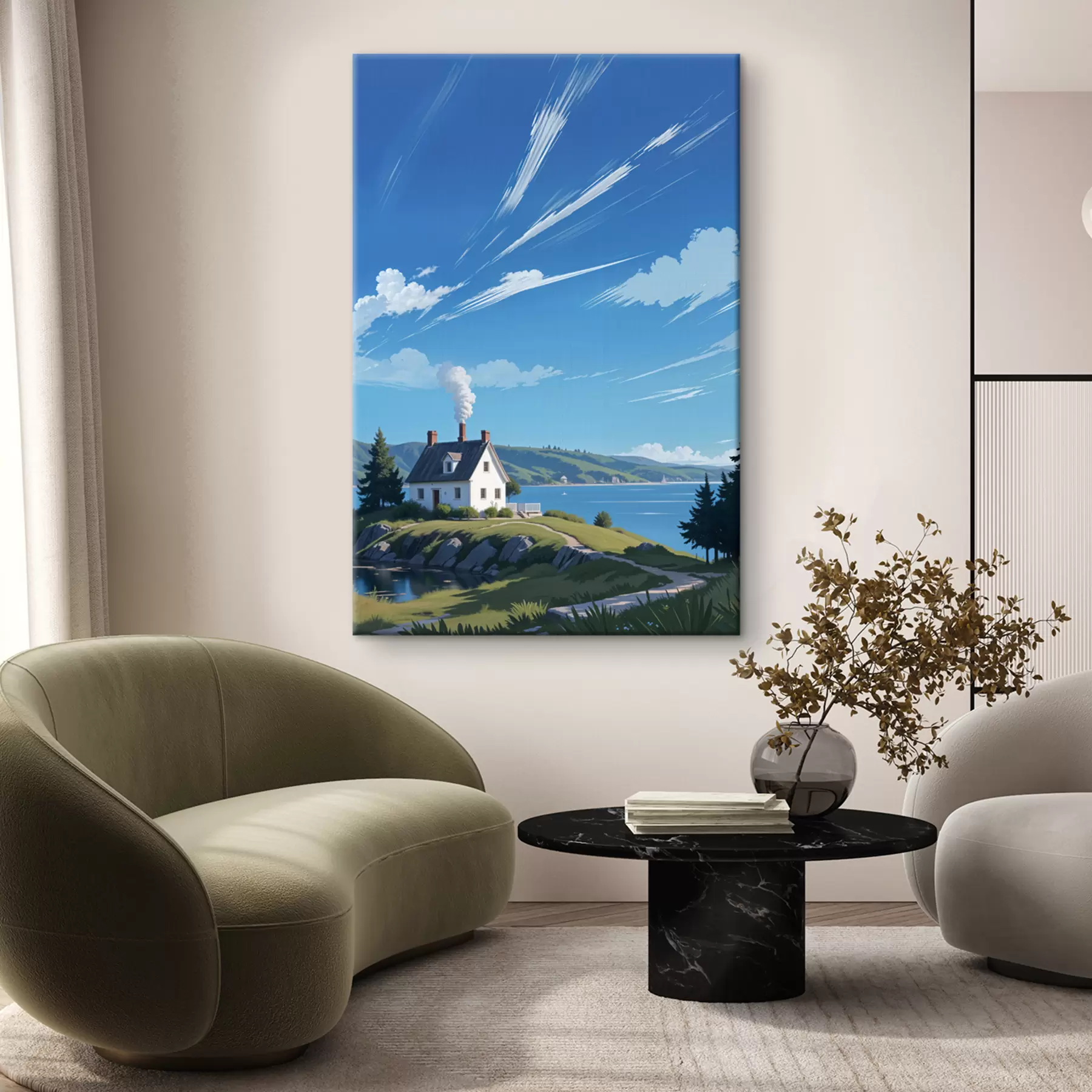 Wandbilder Ein weißes Haus auf einem grasbewachsenen Hügel mit Bergen im Hintergrund und einem blauen Himmel mit Wolkenfetzen s40587