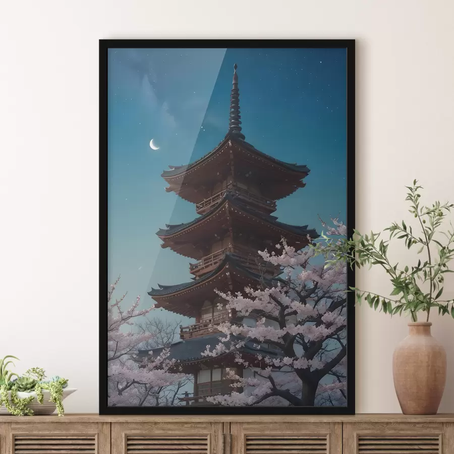 Fototapete Eine traditionelle japanische Pagode mit einer Mondsichel am Himmel und blühenden Kirschblütenbäumen f40586