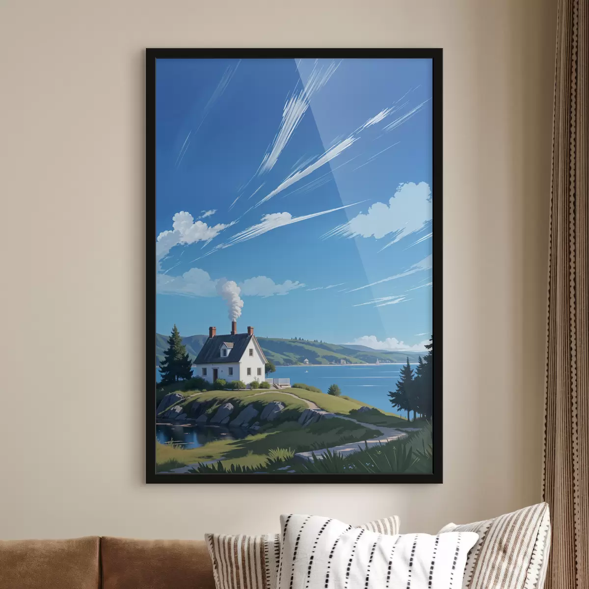 Poster Ein weißes Haus auf einem grasbewachsenen Hügel mit Bergen im Hintergrund und einem blauen Himmel mit Wolkenfetzen f40587