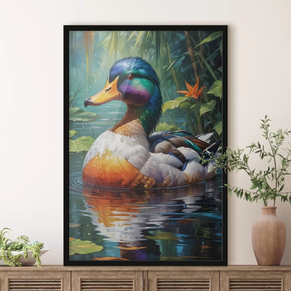 Poster Eine bunte männliche Mandarinente schwimmt in einem Teich mit üppigem grünen Laub und gefallenen Herbstblättern f40594