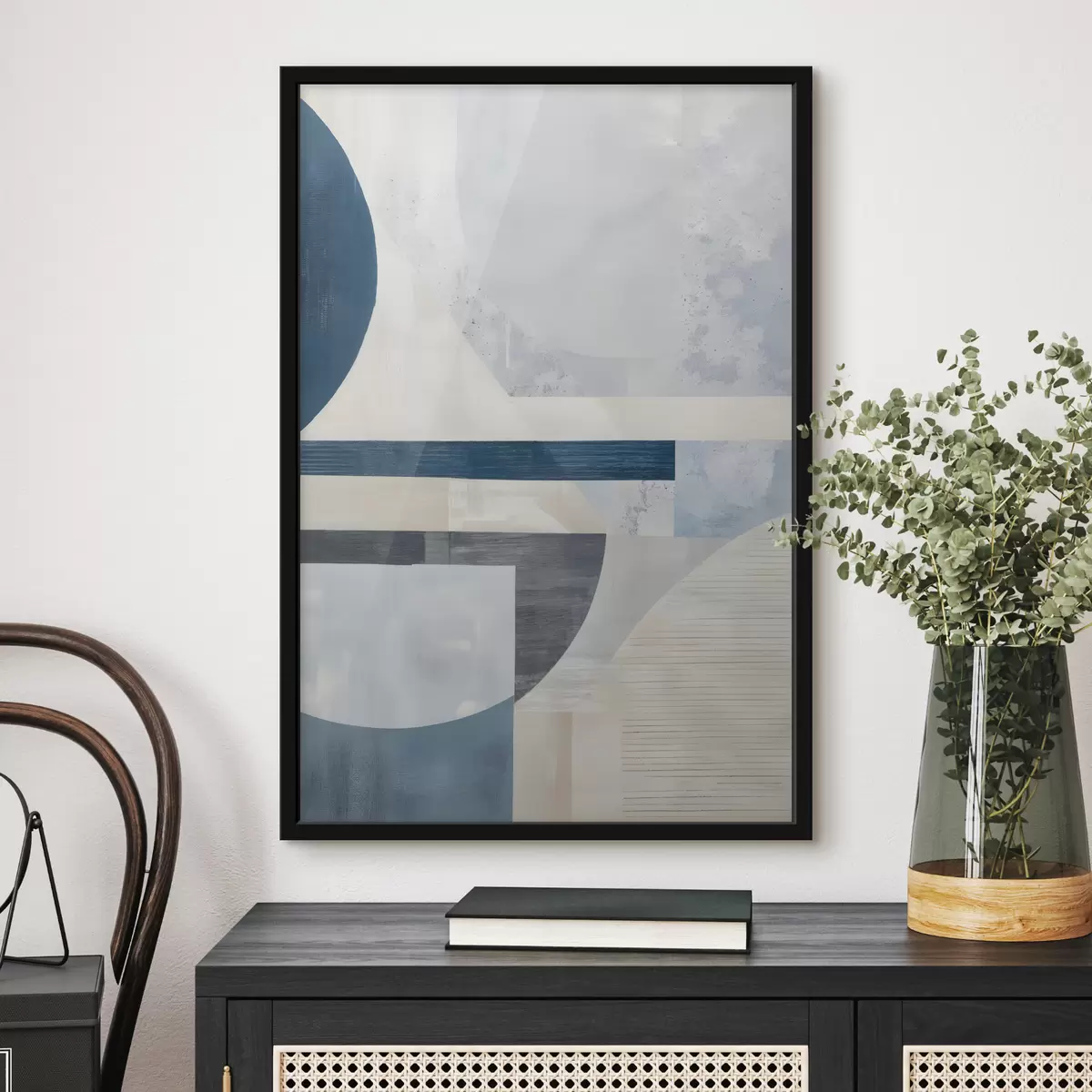 Poster Eine minimalistische Abstraktion mit geometrischen Formen und Texturen in Blau-, Grau- und Weißtönen f40596