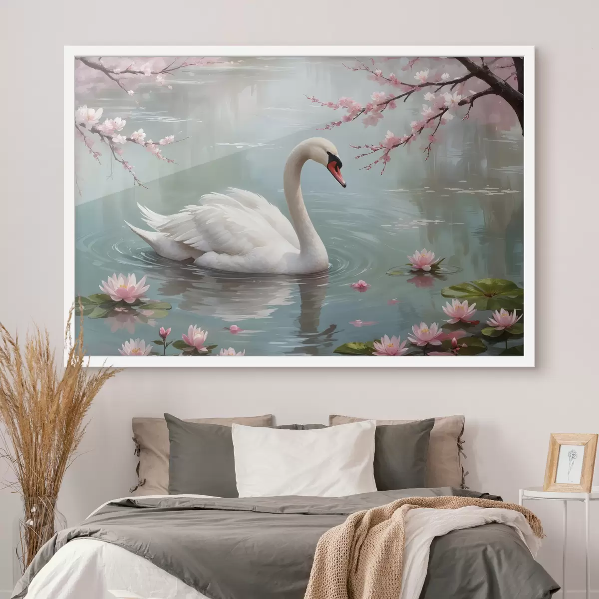 Poster Ein anmutiger weißer Schwan schwimmt in einem ruhigen Teich, umgeben von blühenden rosa Kirschblütenbäumen f40597