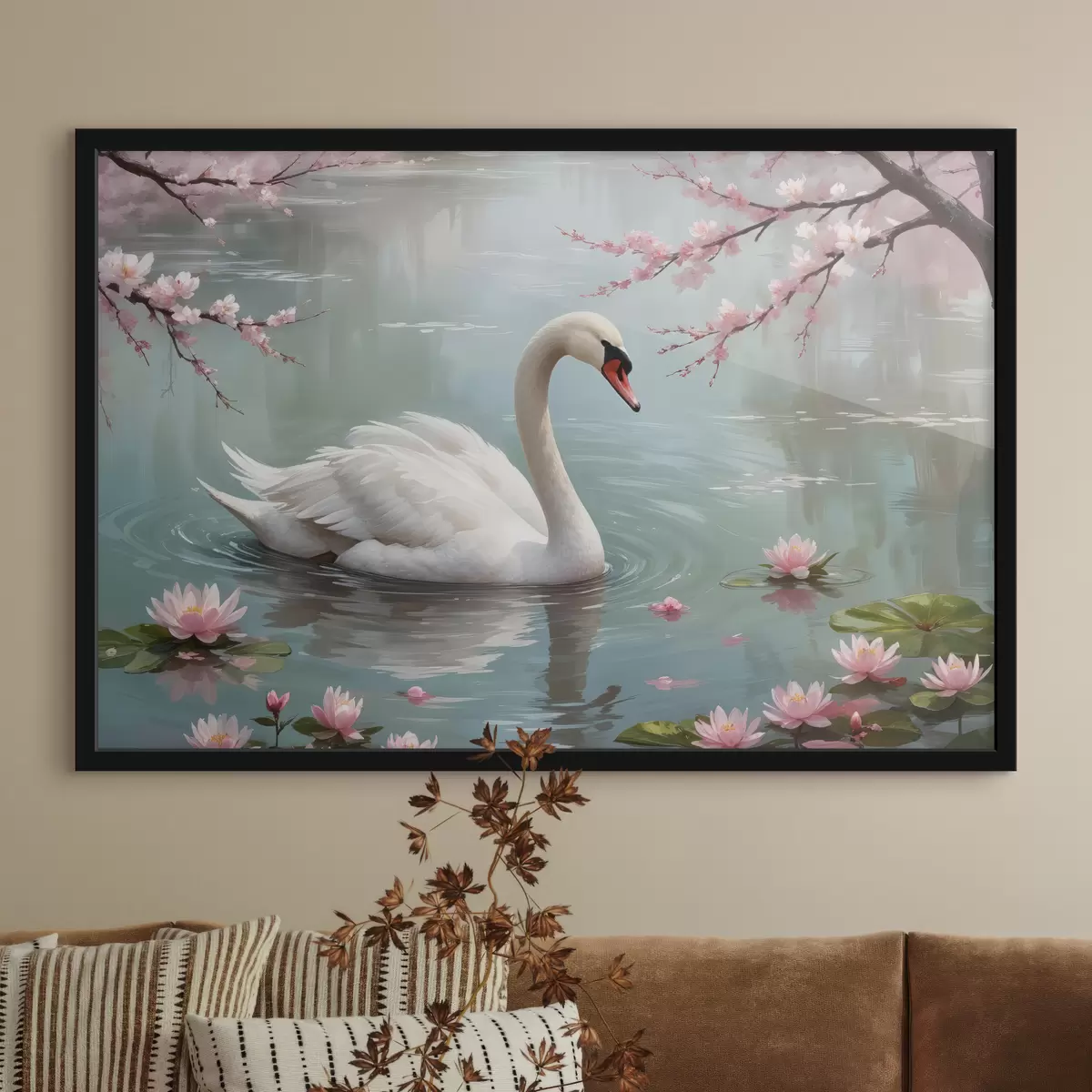 Poster Ein anmutiger weißer Schwan schwimmt in einem ruhigen Teich, umgeben von blühenden rosa Kirschblütenbäumen f40597