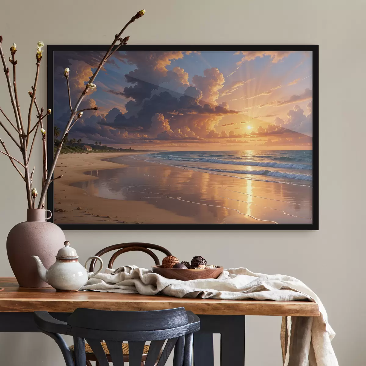 Poster Ein dramatischer Sonnenuntergang über einem tropischen Strand, mit leuchtend orangefarbenen und rosa Wolken, die sich im ruhigen Wasser spiegeln f40599