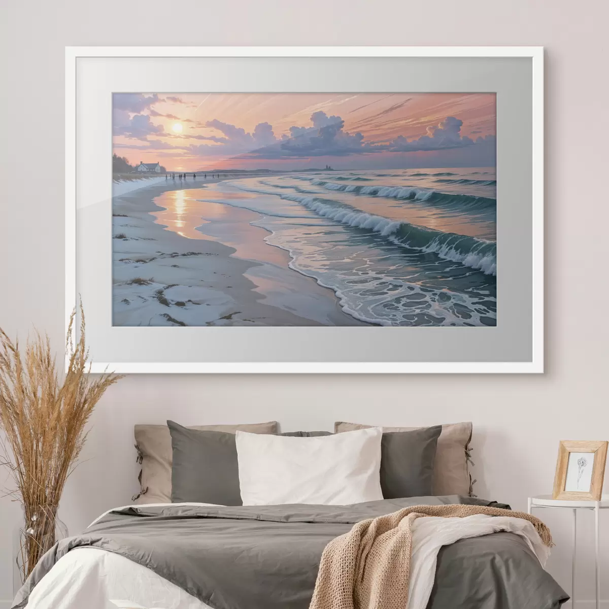 Poster Eine ruhige Strandszene bei Sonnenuntergang, mit sanften Wellen, die gegen den Sandstrand schlagen f40606