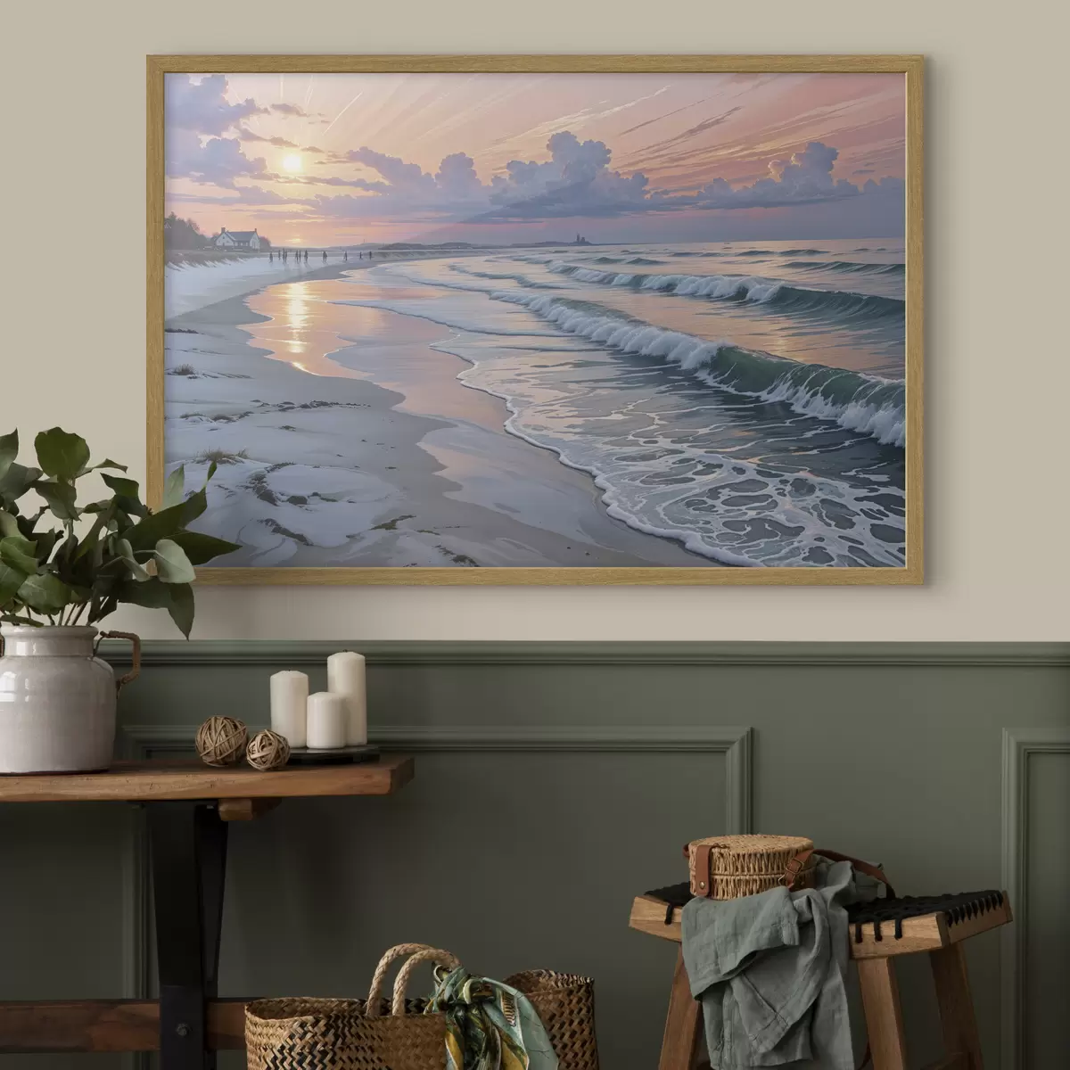 Poster Eine ruhige Strandszene bei Sonnenuntergang, mit sanften Wellen, die gegen den Sandstrand schlagen f40606