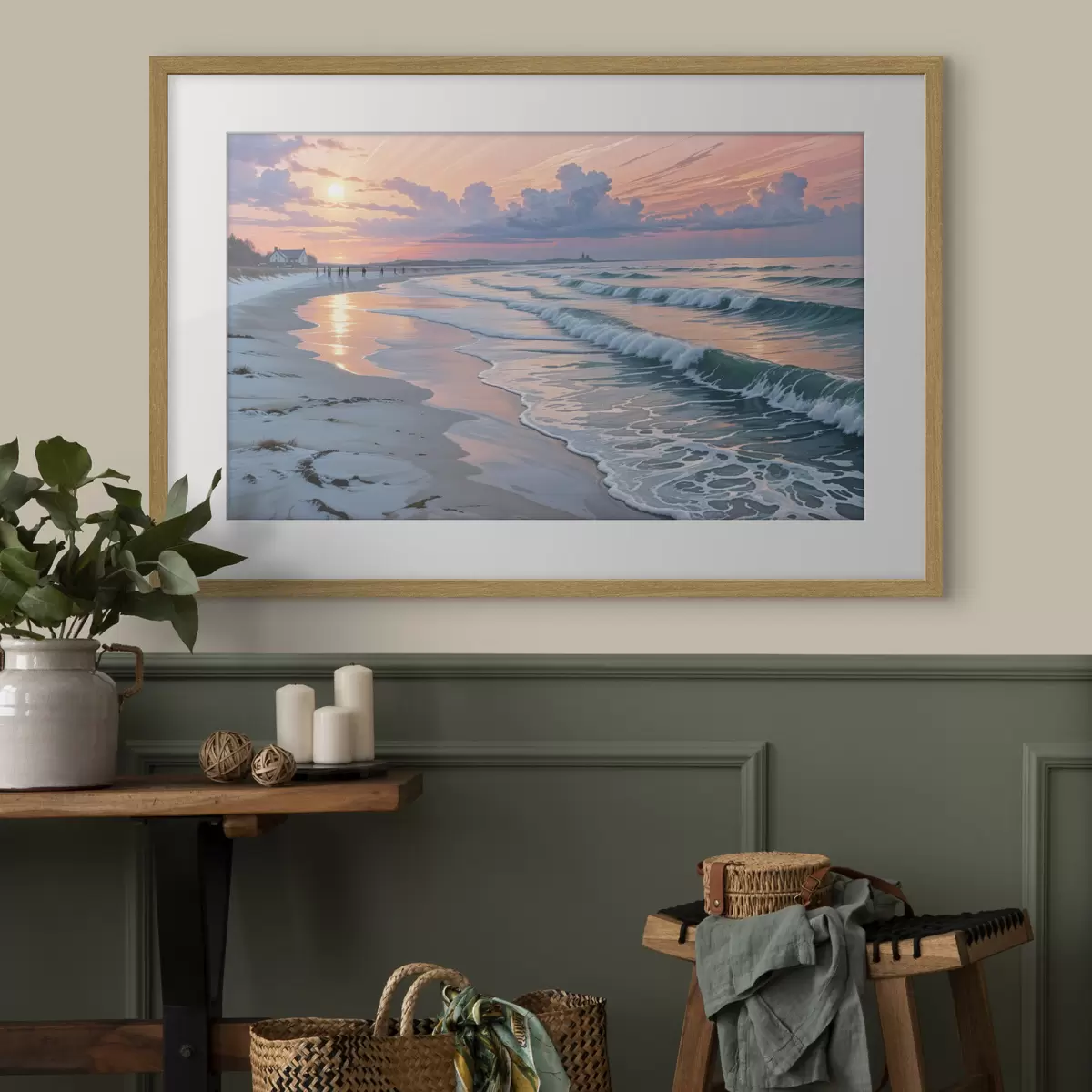 Poster Eine ruhige Strandszene bei Sonnenuntergang, mit sanften Wellen, die gegen den Sandstrand schlagen f40606