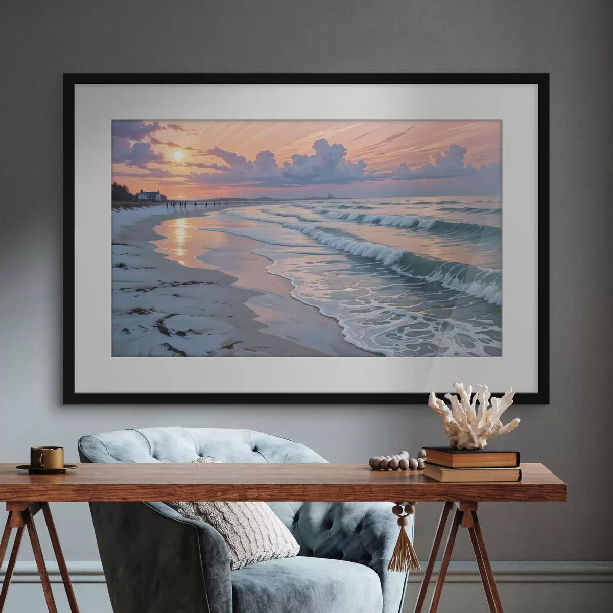 Poster Eine ruhige Strandszene bei Sonnenuntergang, mit sanften Wellen, die gegen den Sandstrand schlagen f40606