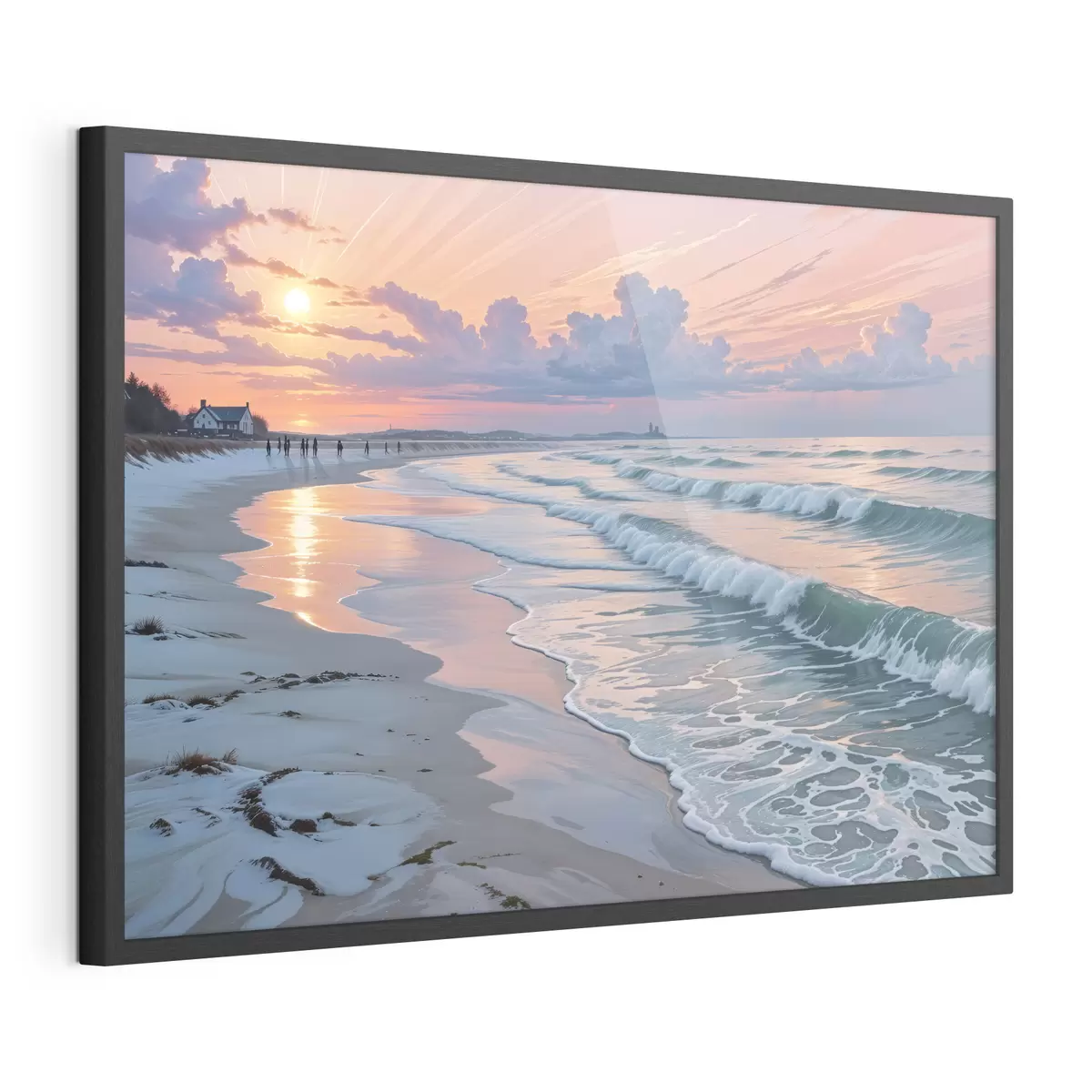 Poster Eine ruhige Strandszene bei Sonnenuntergang, mit sanften Wellen, die gegen den Sandstrand schlagen f40606