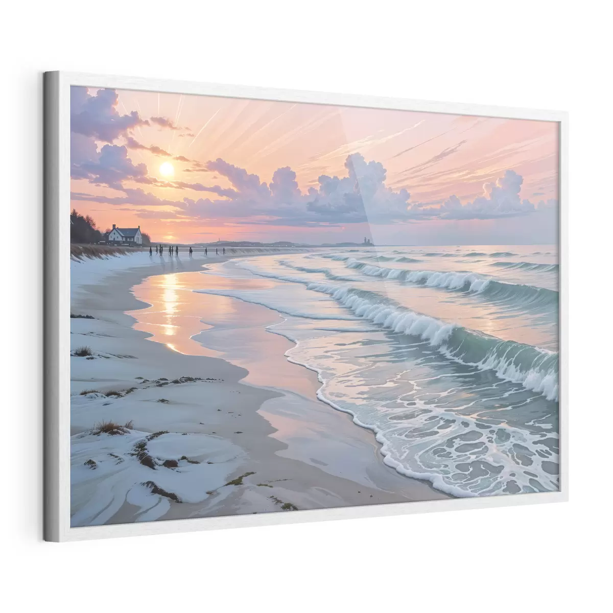 Poster Eine ruhige Strandszene bei Sonnenuntergang, mit sanften Wellen, die gegen den Sandstrand schlagen f40606
