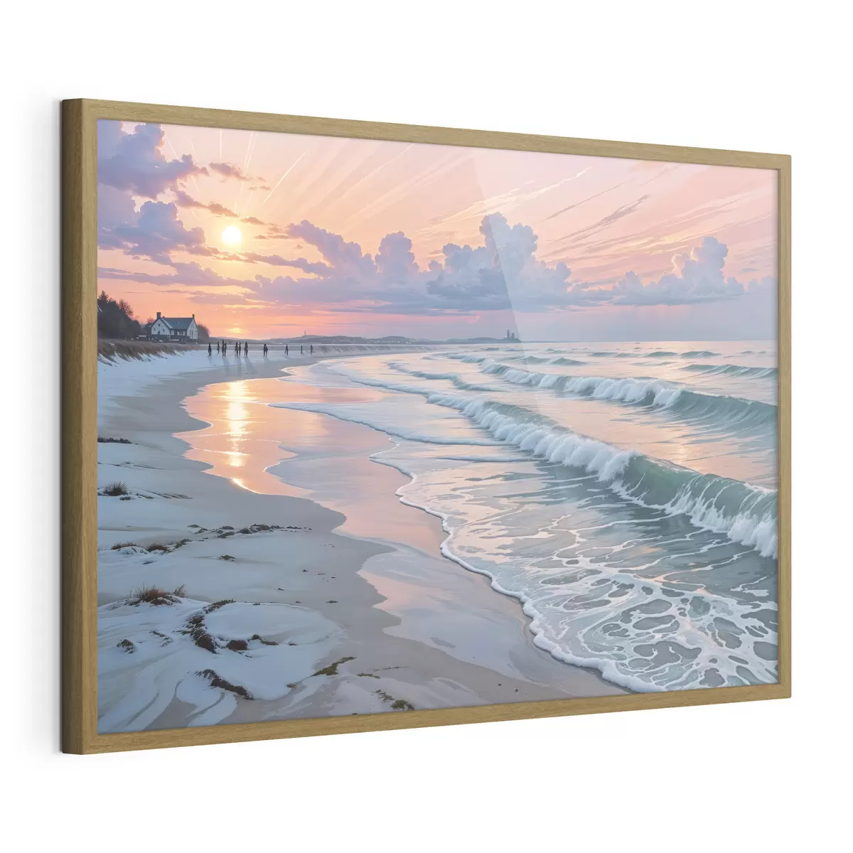Poster Eine ruhige Strandszene bei Sonnenuntergang, mit sanften Wellen, die gegen den Sandstrand schlagen f40606