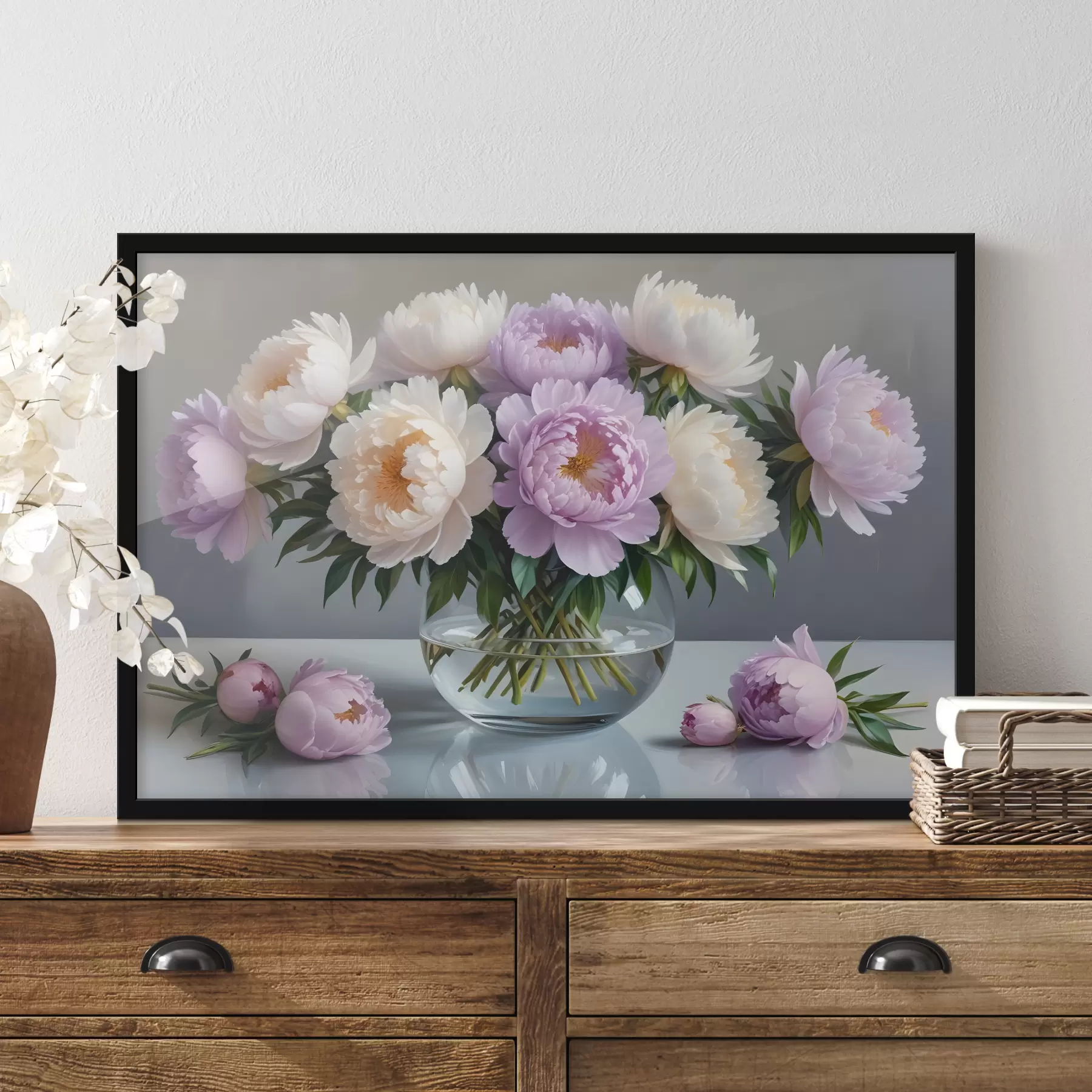 Fototapete Ein Strauß großer, üppiger weißer und rosa Pfingstrosen in einer Glasvase auf grauem Hintergrund f40610