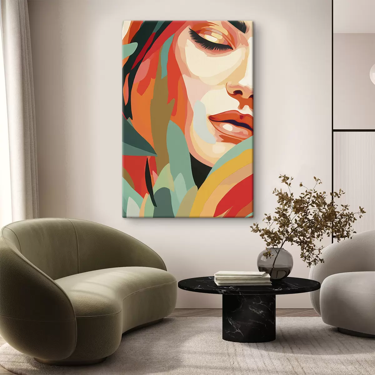 Wandbilder Schöne Frau Gesicht, geometrische Abstraktion, floral, Acrylzeichnung s40815