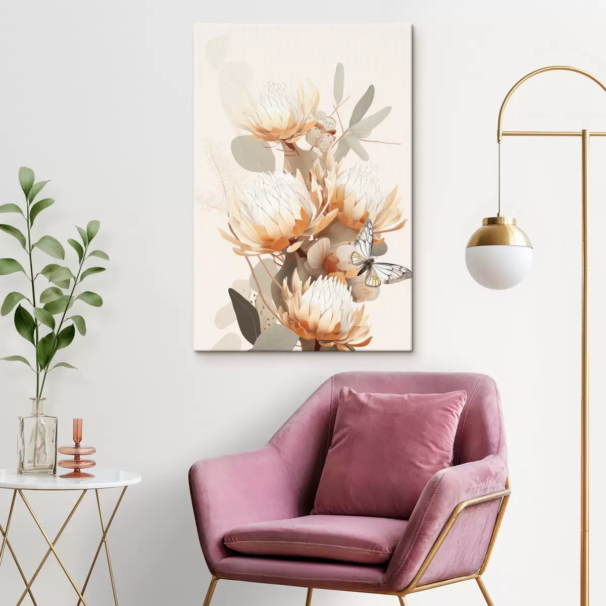 Wandbilder Schöne Protea Blumen mit Schmetterling, weiche beige Farben, Baumwolle s40816