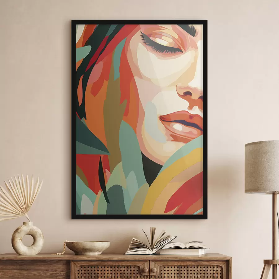 Fototapete Schöne Frau Gesicht, geometrische Abstraktion, floral, Acrylzeichnung f40815