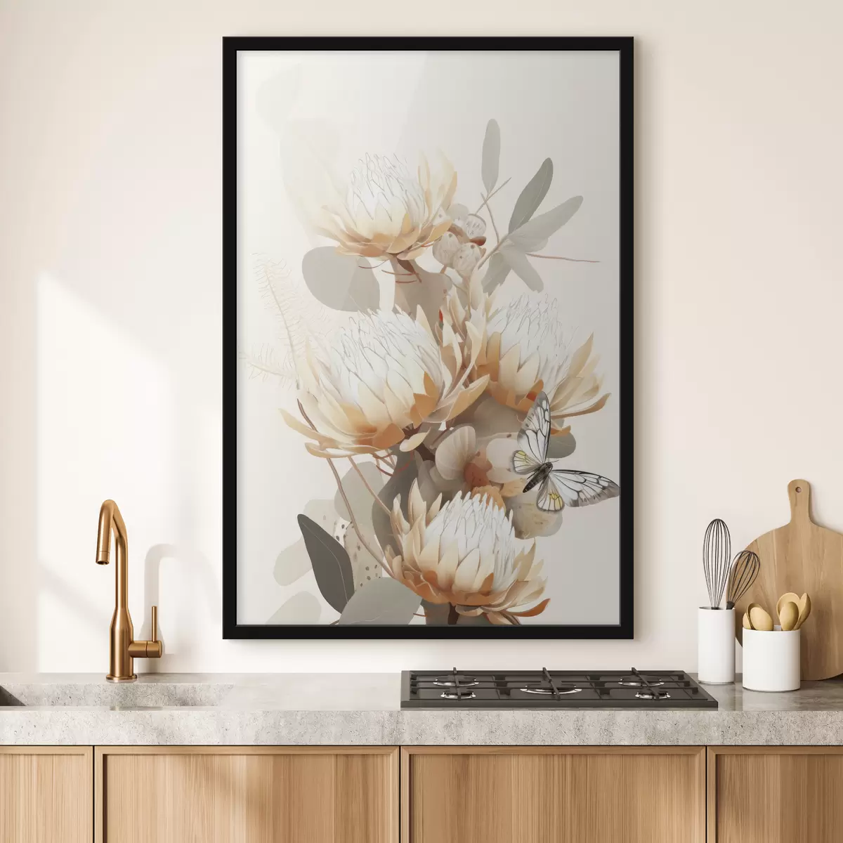 Poster Schöne Protea Blumen mit Schmetterling, weiche beige Farben, Baumwolle f40816
