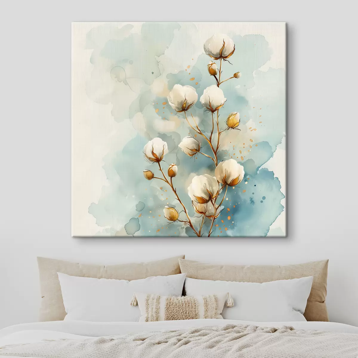Wandbilder Baumwollzweig auf einem Aquarellhintergrund s40780