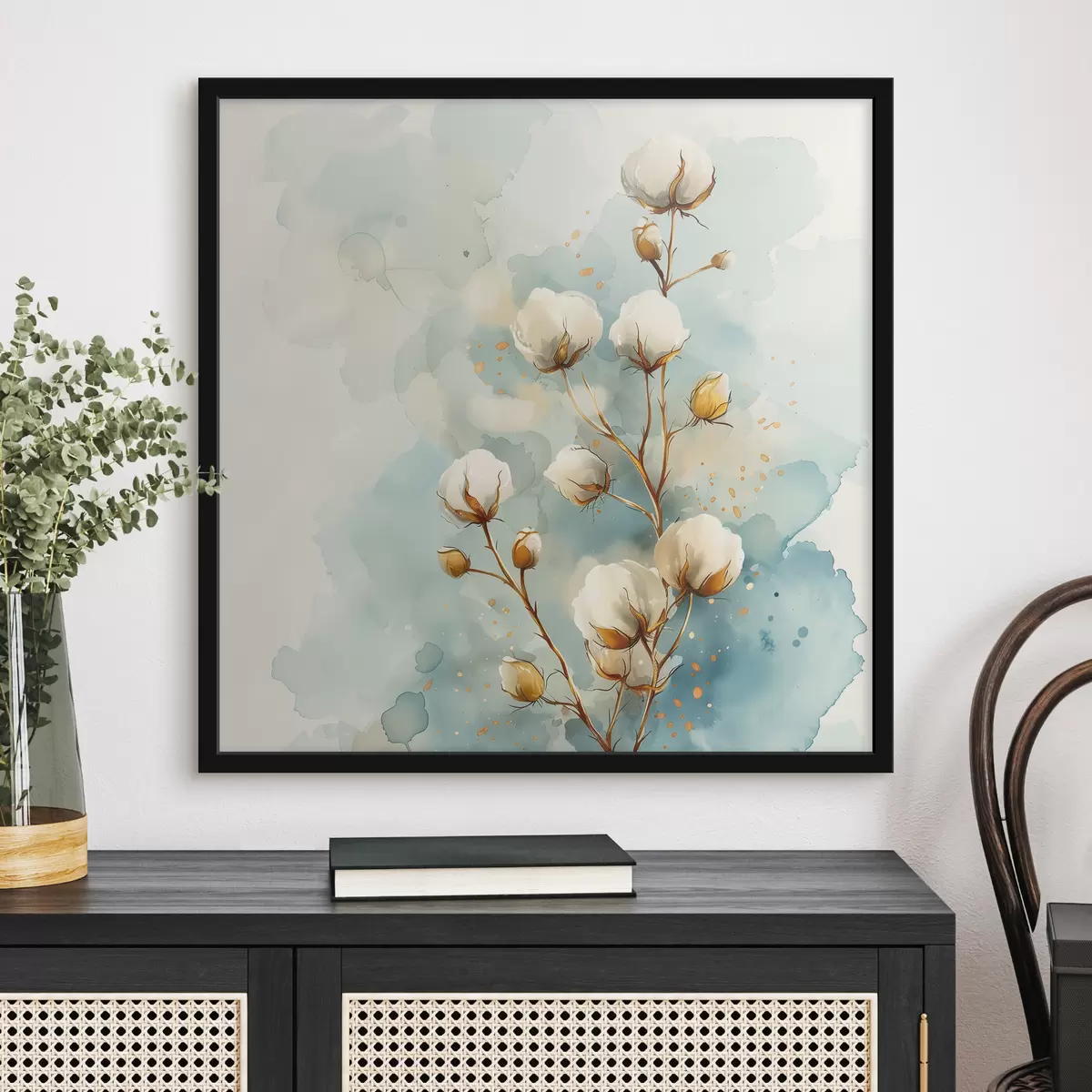 Poster Baumwollzweig auf einem Aquarellhintergrund f40780