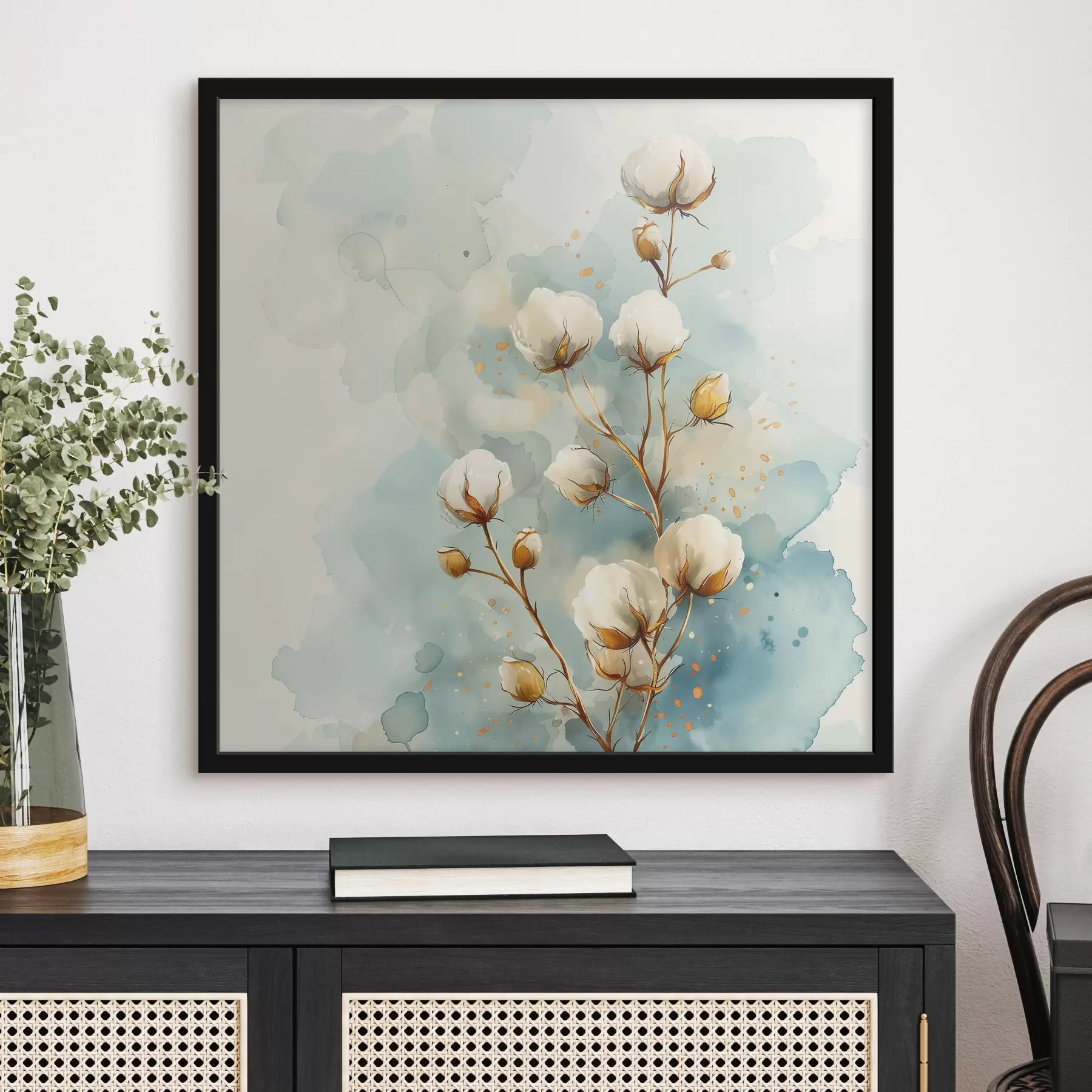 Fototapete Baumwollzweig auf einem Aquarellhintergrund f40780