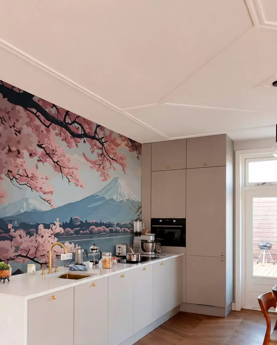 Fototapete Sakura, Berge, Aquarell w01664