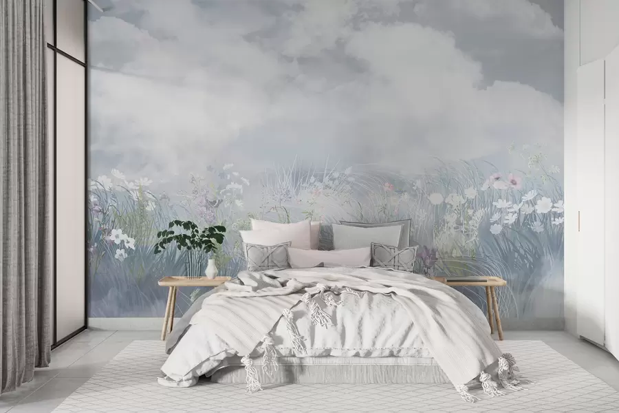 Fototapete Wildblumen und Gräser mit balkanischem Himmel und Wolken w01624