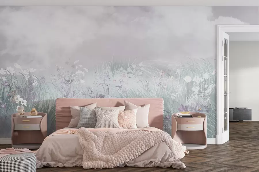 Fototapete Wildblumen und Gräser mit rosafarbenem Himmel und Wolken w01624v1
