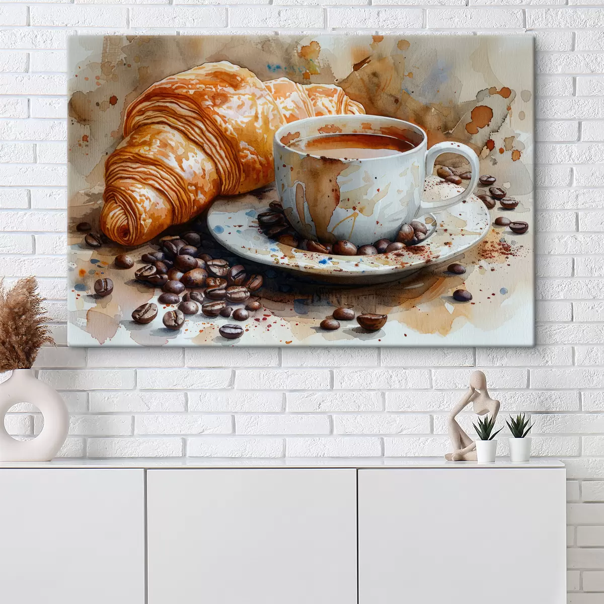 Wandbilder Croissant, Morgen, Croissant und Tasse Kaffee, Aquarell s40782