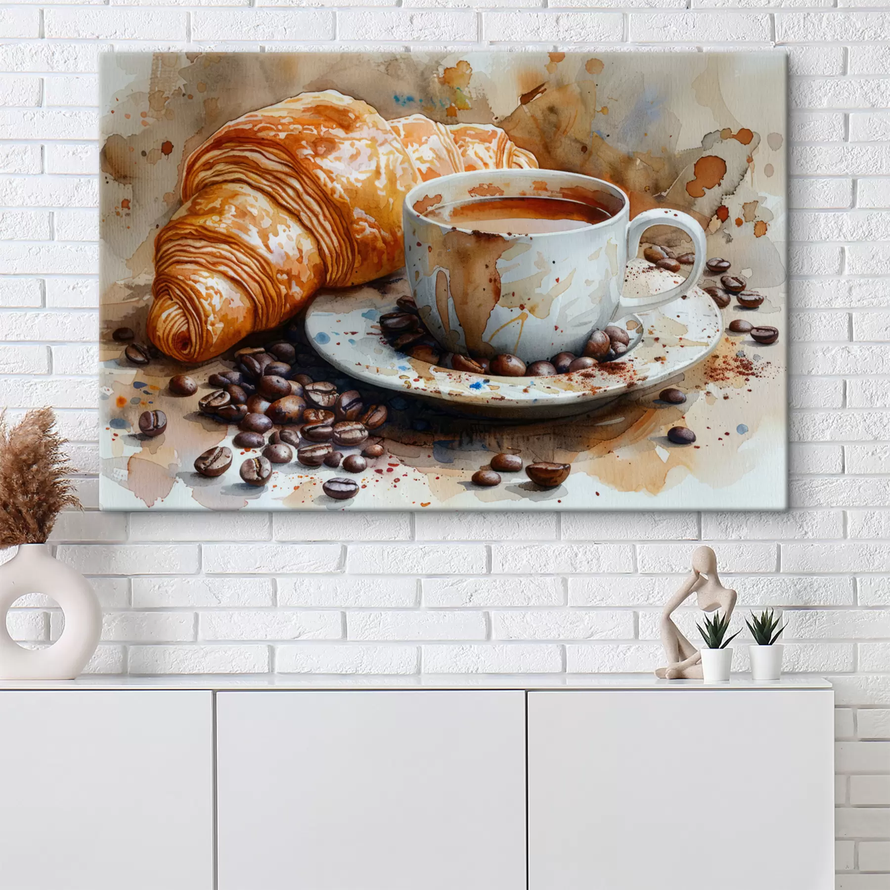 Fototapete Croissant, Morgen, Croissant und Tasse Kaffee, Aquarell s40782