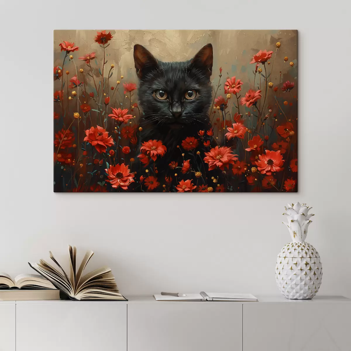 Wandbilder Katze, Blumen, schwarze Katze s40839