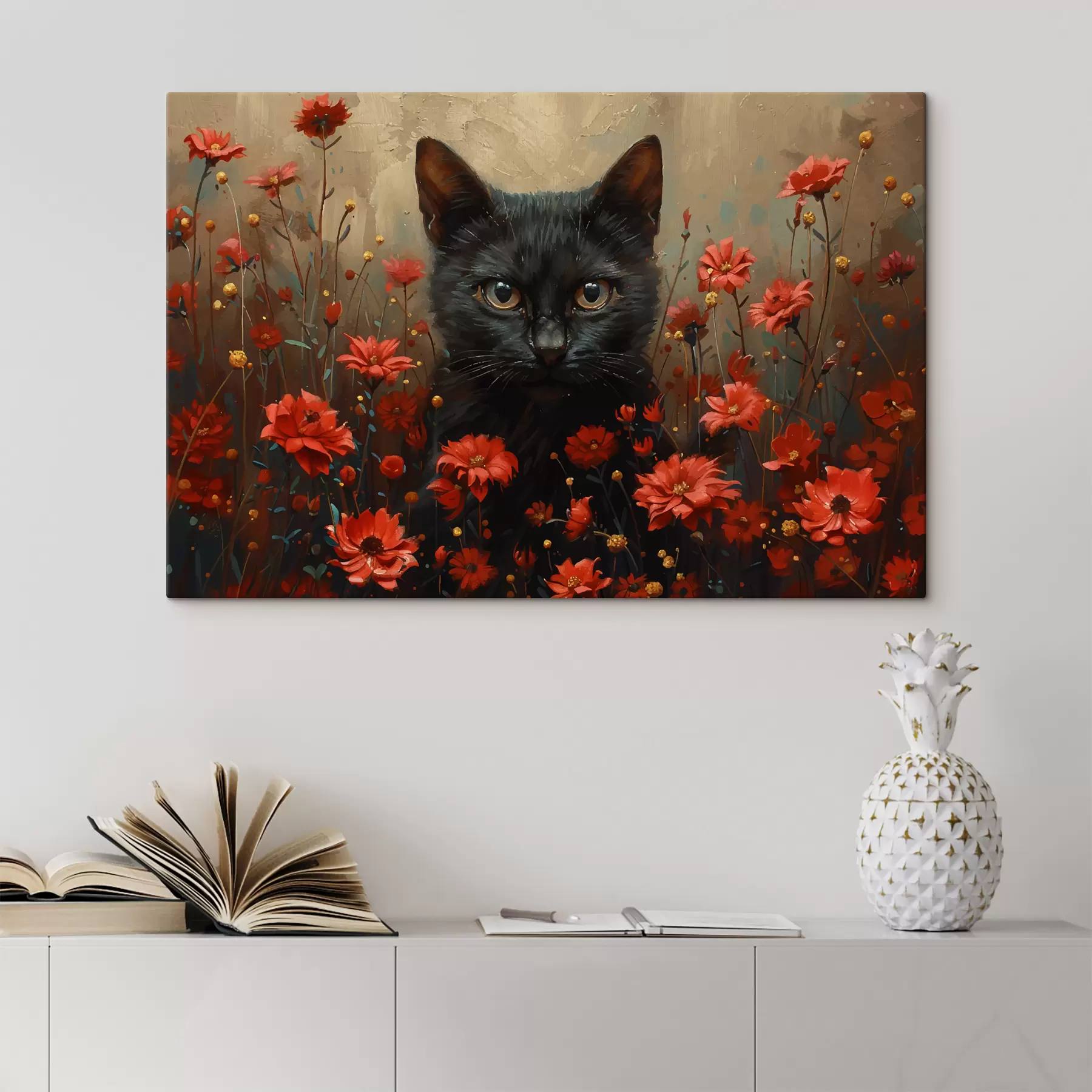 Fototapete Katze, Blumen, schwarze Katze s40839
