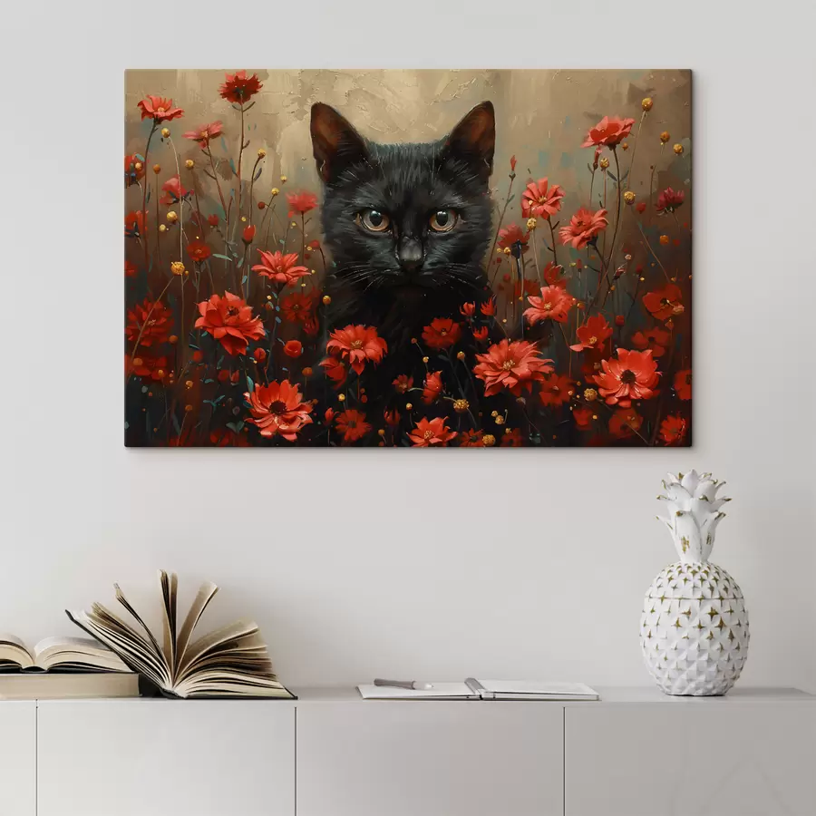Wandbilder Katze, Blumen, schwarze Katze s40839